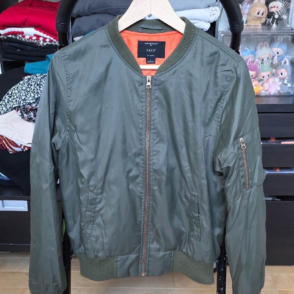 Iris Olive Green Bomber Jacket with Orange Lining